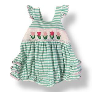 Seven Lantern Lane Babies Floral Striped Bubble Size 6M Pink Green‎